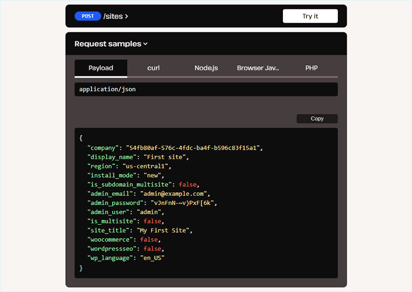 Kinsta Api Create Site
