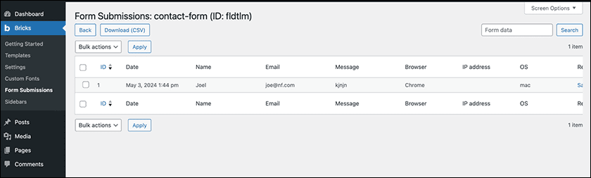 Bricks Form Submission Page